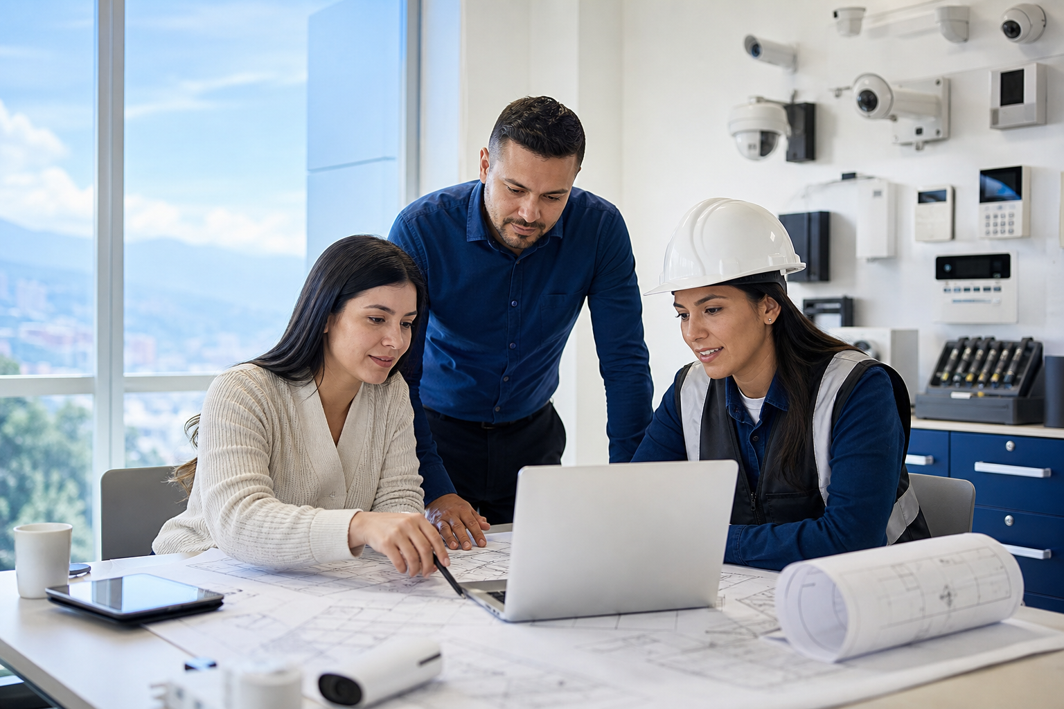 Equipo técnico colaborando en el diseño de una solución de seguridad